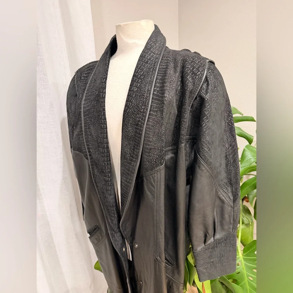 Vintage‎ Black Leather Long Coat Textured Shawl Collar 1X